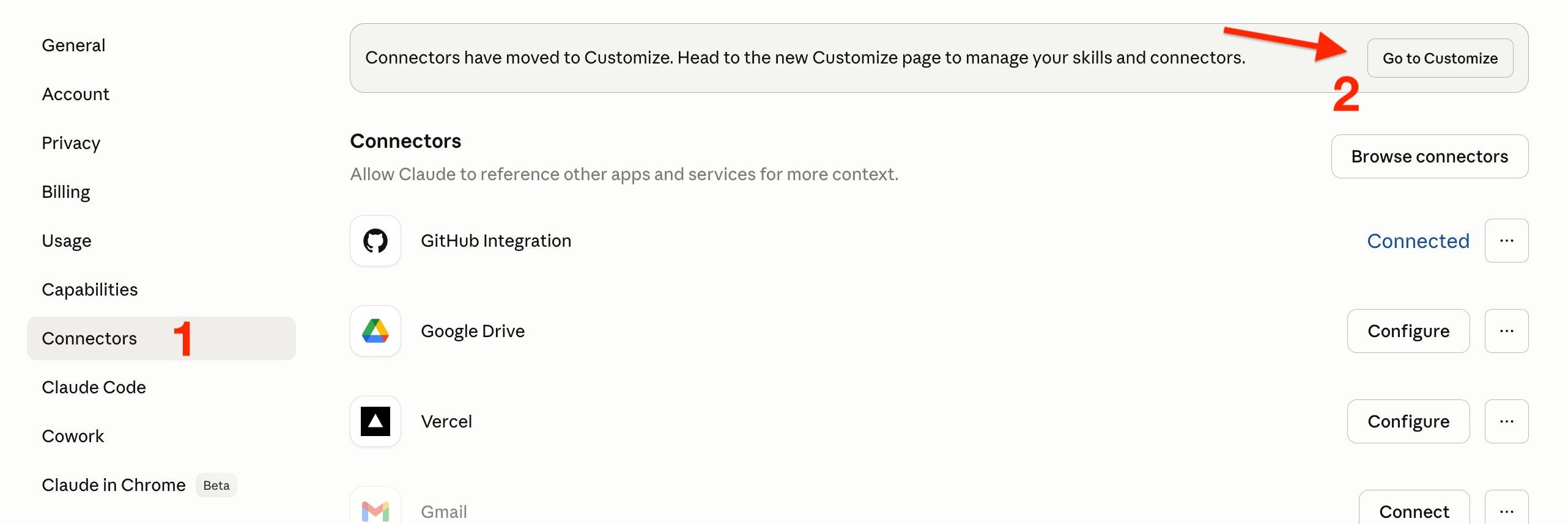 Settings → Connectors mit Hinweis: Connectors have moved to Customize, plus Go-to-Customize-Button