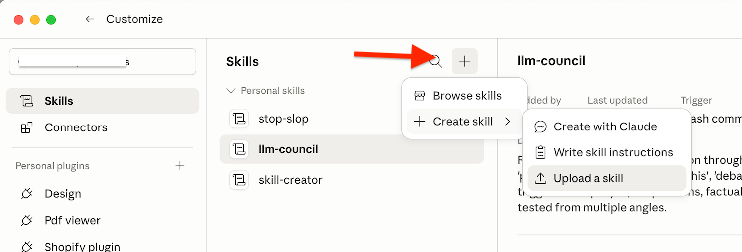 Customize → Skills → Plus-Button → Upload a skill